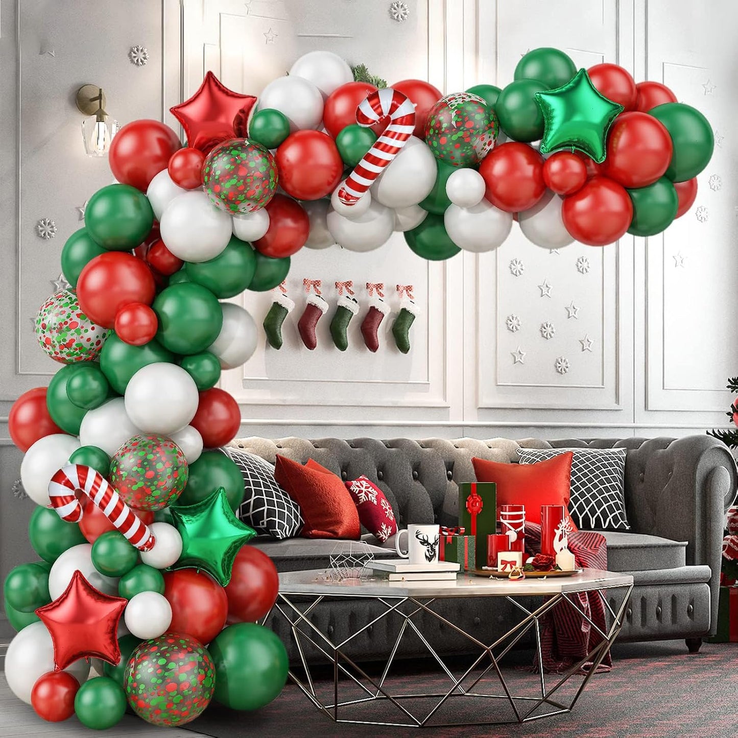 Christmas Balloon Garland Kit, 89PCS Red Green White Christmas Garland Balloon Arch Kit with Red Green Star Candy Cane Foil Balloon for New Year Christmas Party Decorations Holiday Party Supplies