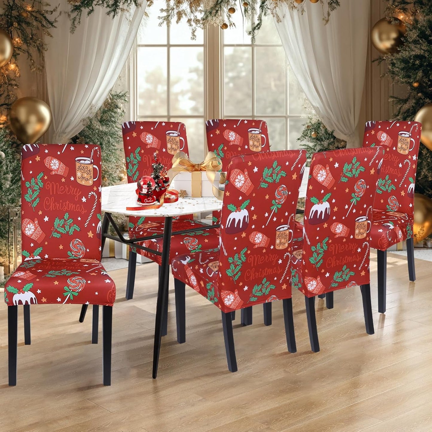 Christmas Dining Room Chair Covers Set of 6, Stretch Xmas Chair Slipcovers Protector, Spandex Washable Kitchen Parsons Chair Cover for Dining Room,Christmas Decor,Holiday Party(Christmas Red)