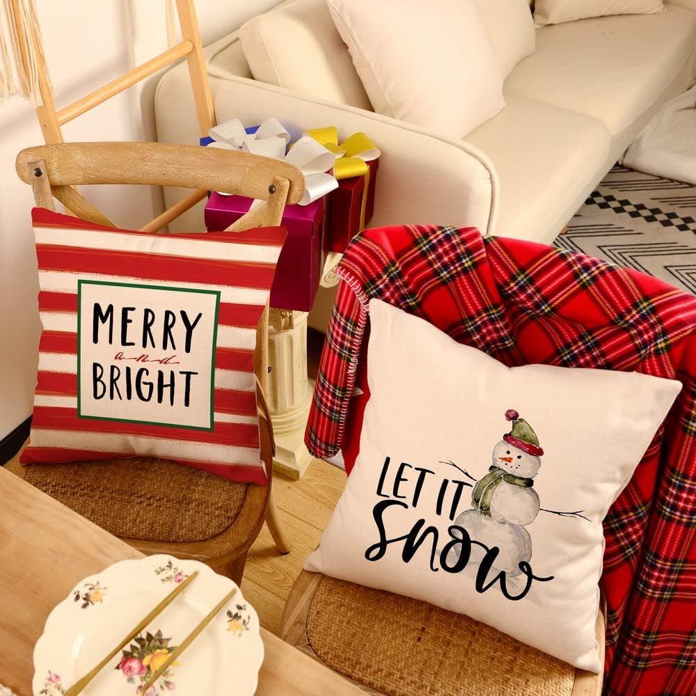 Christmas Throw Pillow Covers 20X20 Set of 4 Farmhouse Christmas Home Decor Buffalo Plaid Truck Snowman Christmas Pillows Rustic Winter Holiday Xmas Throw Pillows for Couch