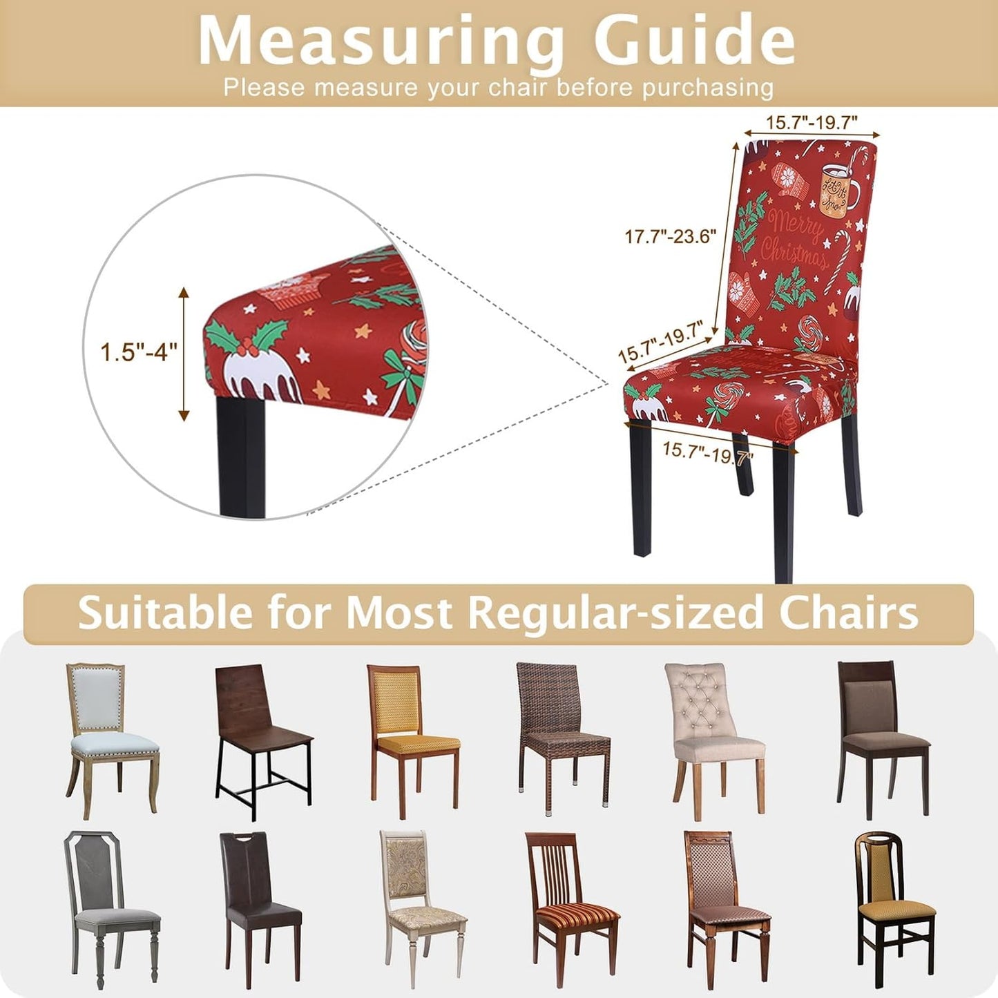 Christmas Dining Room Chair Covers Set of 6, Stretch Xmas Chair Slipcovers Protector, Spandex Washable Kitchen Parsons Chair Cover for Dining Room,Christmas Decor,Holiday Party(Christmas Red)