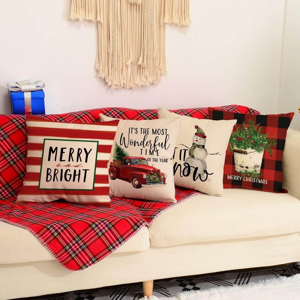Christmas Throw Pillow Covers 20X20 Set of 4 Farmhouse Christmas Home Decor Buffalo Plaid Truck Snowman Christmas Pillows Rustic Winter Holiday Xmas Throw Pillows for Couch