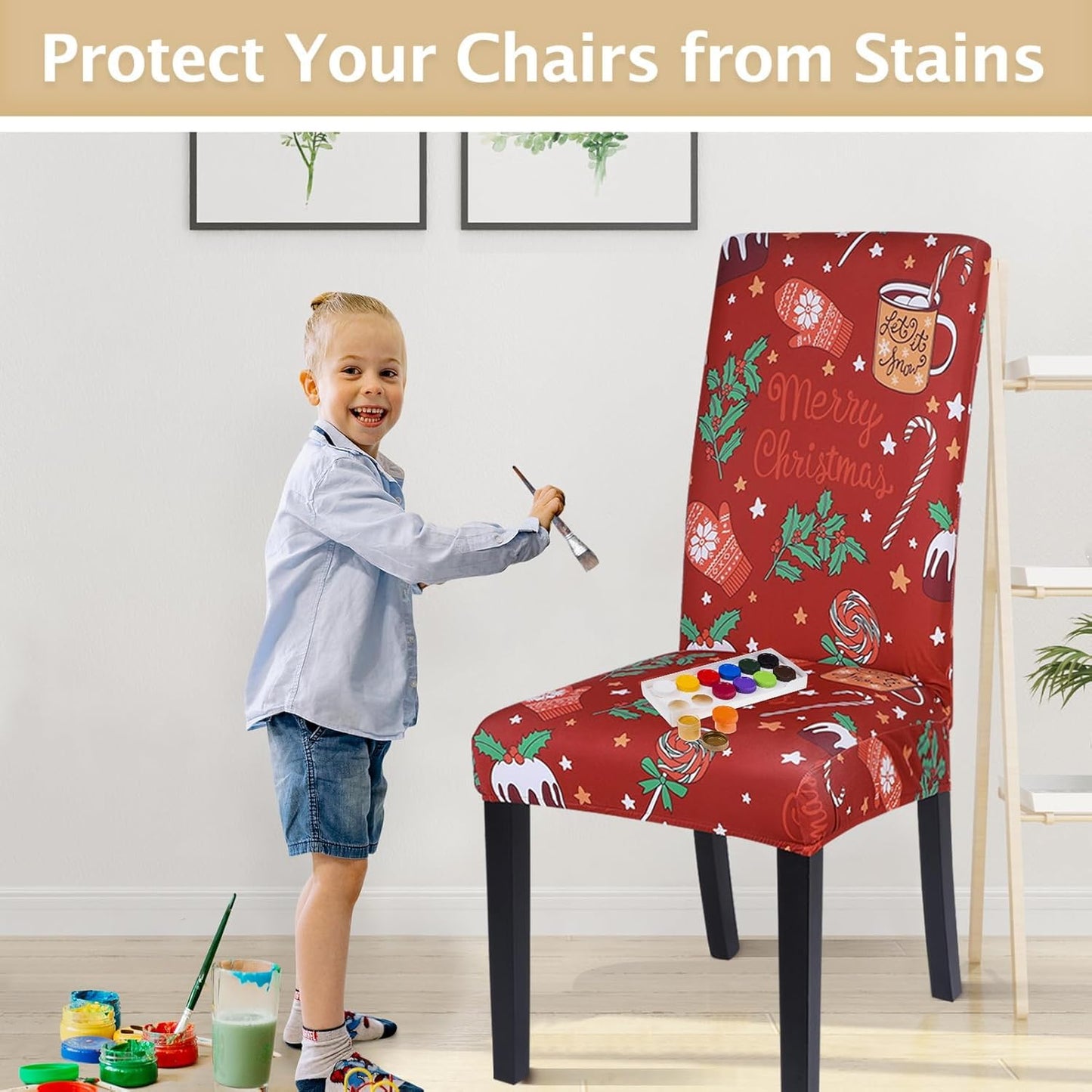 Christmas Dining Room Chair Covers Set of 6, Stretch Xmas Chair Slipcovers Protector, Spandex Washable Kitchen Parsons Chair Cover for Dining Room,Christmas Decor,Holiday Party(Christmas Red)