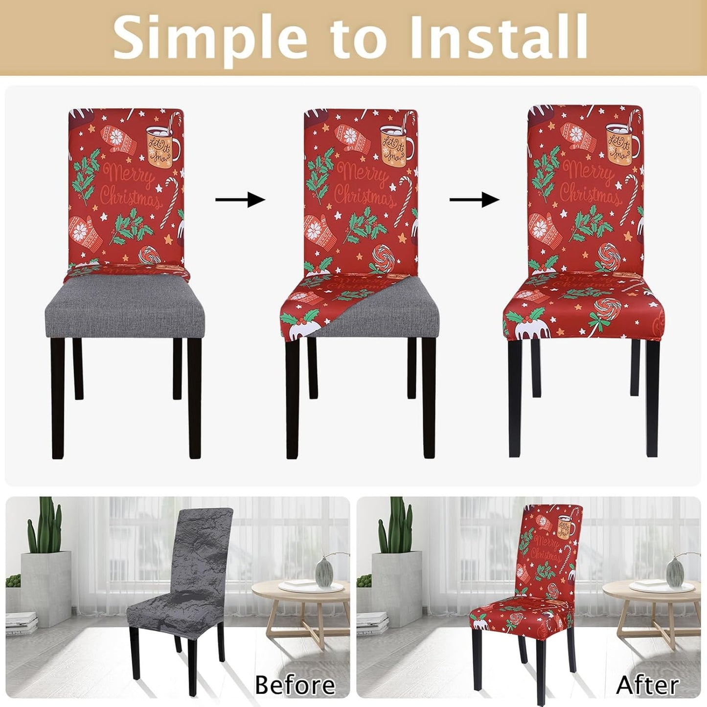 Christmas Dining Room Chair Covers Set of 6, Stretch Xmas Chair Slipcovers Protector, Spandex Washable Kitchen Parsons Chair Cover for Dining Room,Christmas Decor,Holiday Party(Christmas Red)