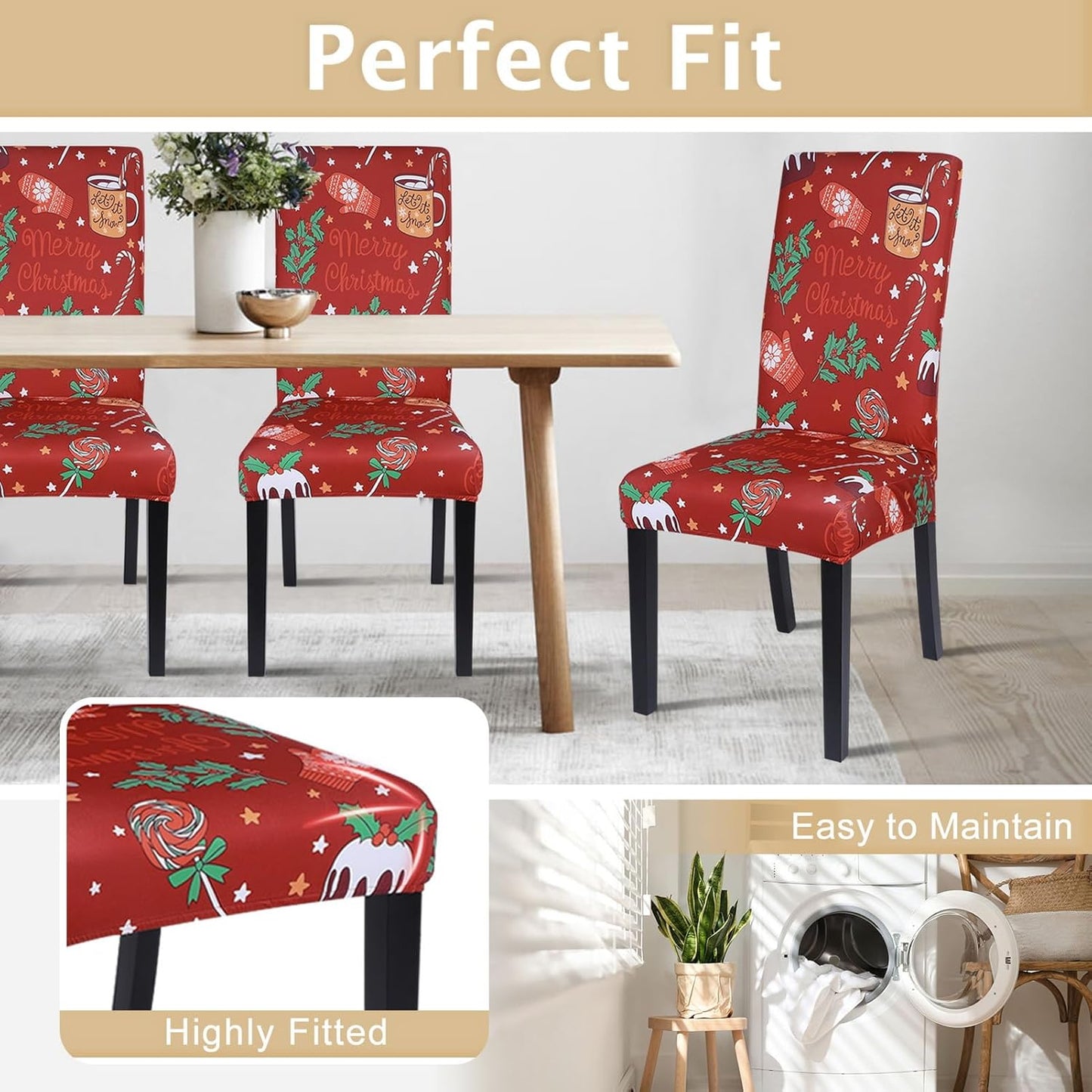Christmas Dining Room Chair Covers Set of 6, Stretch Xmas Chair Slipcovers Protector, Spandex Washable Kitchen Parsons Chair Cover for Dining Room,Christmas Decor,Holiday Party(Christmas Red)