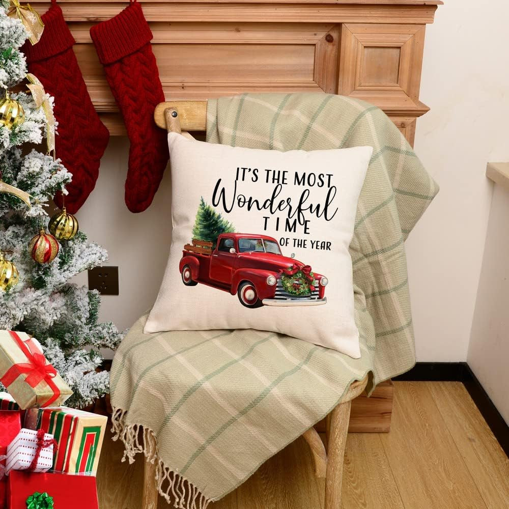 Christmas Throw Pillow Covers 20X20 Set of 4 Farmhouse Christmas Home Decor Buffalo Plaid Truck Snowman Christmas Pillows Rustic Winter Holiday Xmas Throw Pillows for Couch