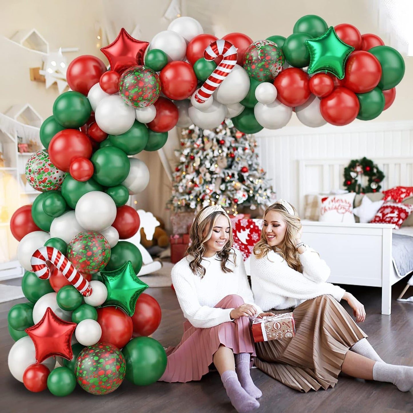 Christmas Balloon Garland Kit, 89PCS Red Green White Christmas Garland Balloon Arch Kit with Red Green Star Candy Cane Foil Balloon for New Year Christmas Party Decorations Holiday Party Supplies