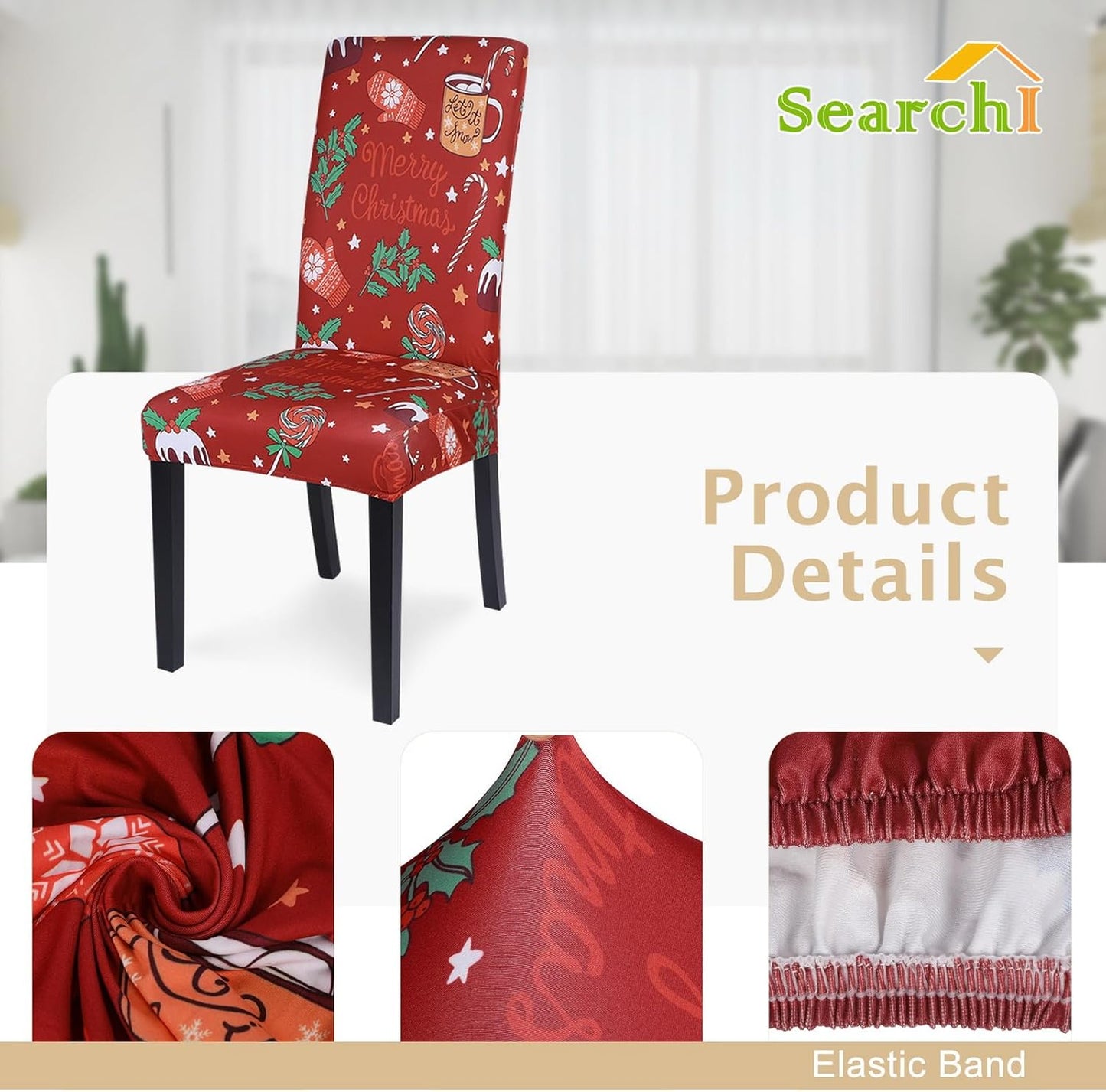 Christmas Dining Room Chair Covers Set of 6, Stretch Xmas Chair Slipcovers Protector, Spandex Washable Kitchen Parsons Chair Cover for Dining Room,Christmas Decor,Holiday Party(Christmas Red)