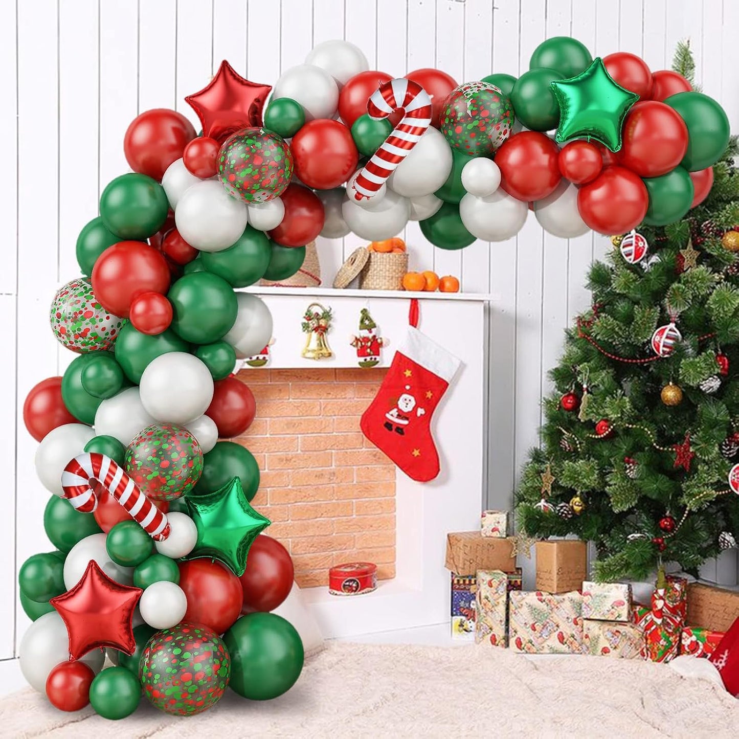 Christmas Balloon Garland Kit, 89PCS Red Green White Christmas Garland Balloon Arch Kit with Red Green Star Candy Cane Foil Balloon for New Year Christmas Party Decorations Holiday Party Supplies