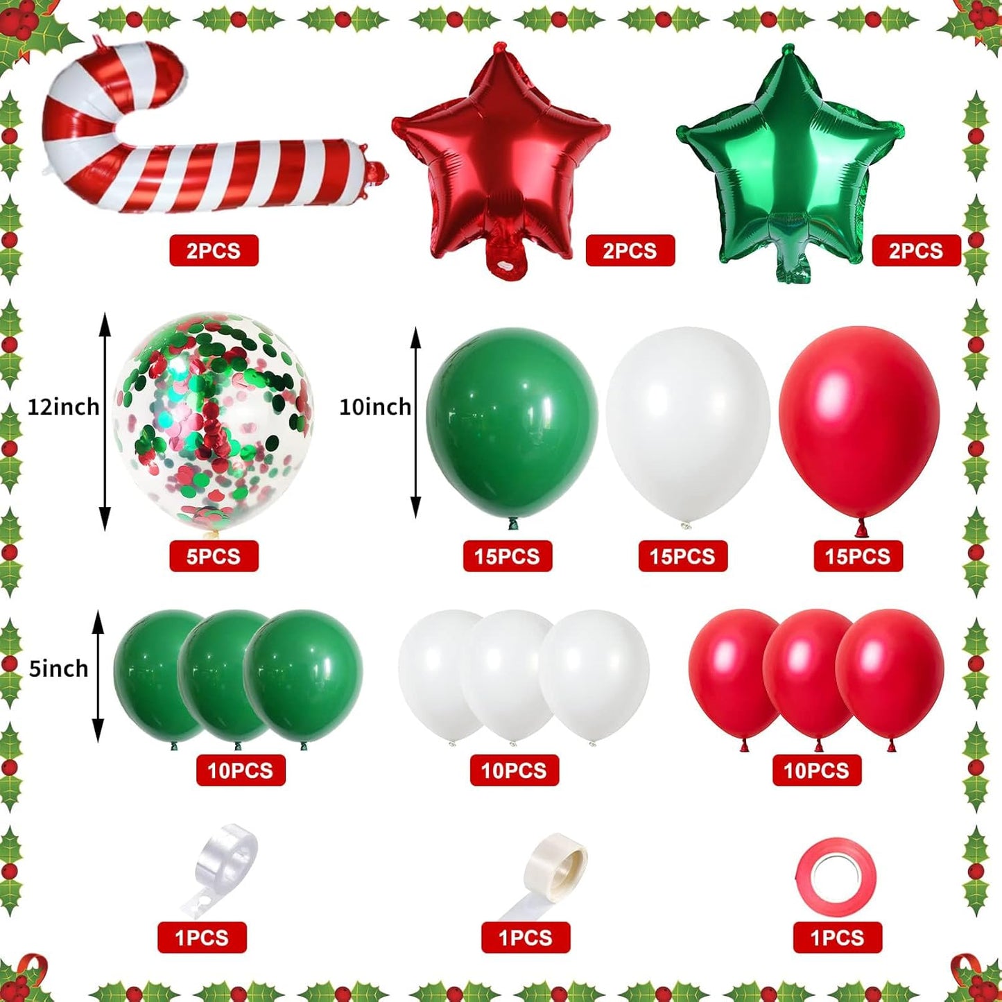Christmas Balloon Garland Kit, 89PCS Red Green White Christmas Garland Balloon Arch Kit with Red Green Star Candy Cane Foil Balloon for New Year Christmas Party Decorations Holiday Party Supplies