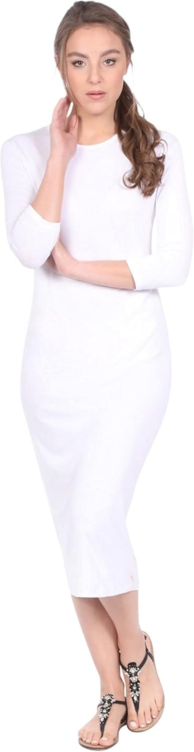 Women'S Modest Knee Length 3/4 Sleeve Layering Midi Dress