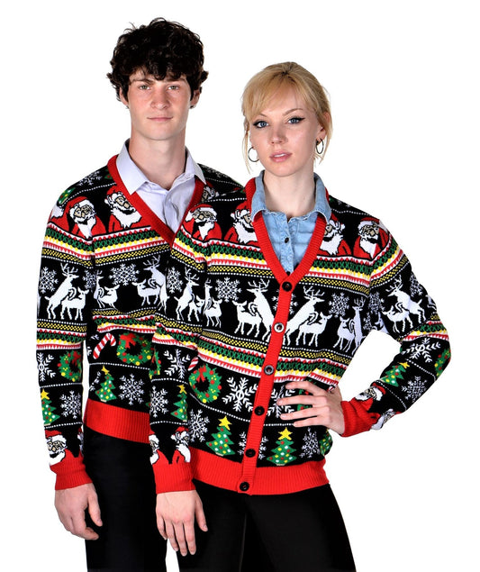 Socal Look Men'S Ugly Christmas Sweaters Cardigan Deer Santa Black