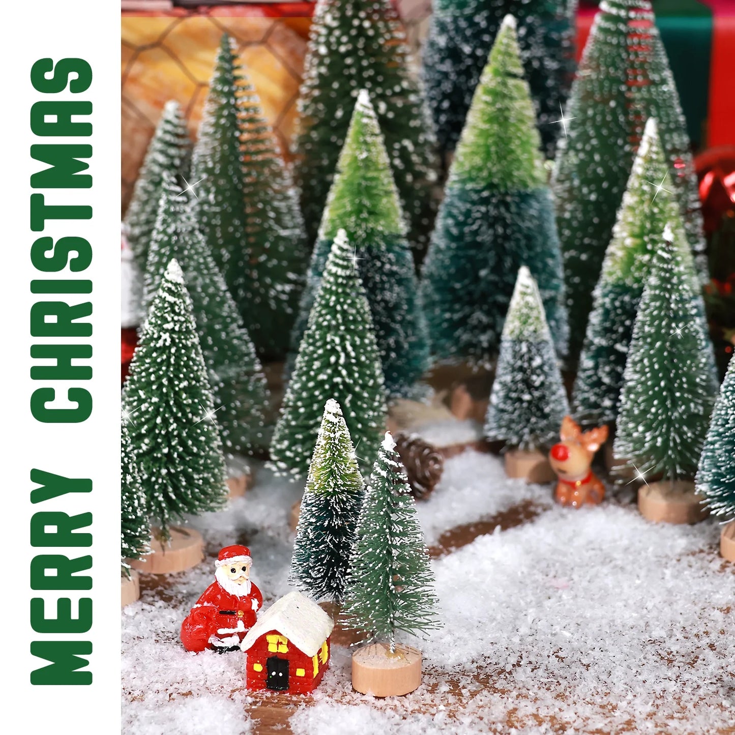 35Pcs Mini Christmas Trees Bottle Brush Trees with Pine Cone Snow Powder, Christmas Village Sets