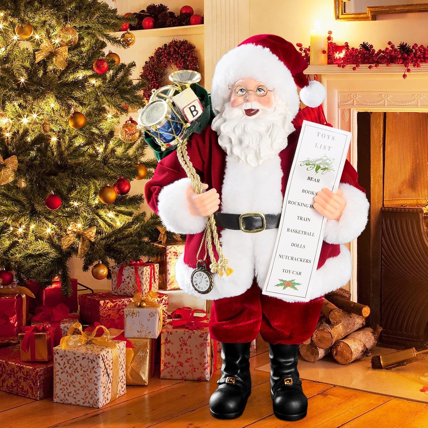 11" Santa Claus Decorations with Glasses Blessing Letter and Gifts Bag, Christmas Standing Figurine Ornaments for New Year Christmas Decoration Navidad Natal Gifts.