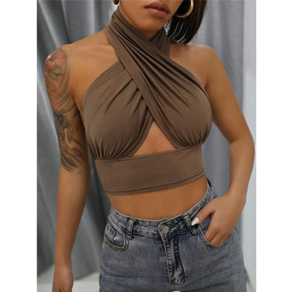 Women Summer Tank Tops Solid Cross Halter Camis Backless Crop Tops Female Camisole Cropped Top Slim Sleeveless Streetwear