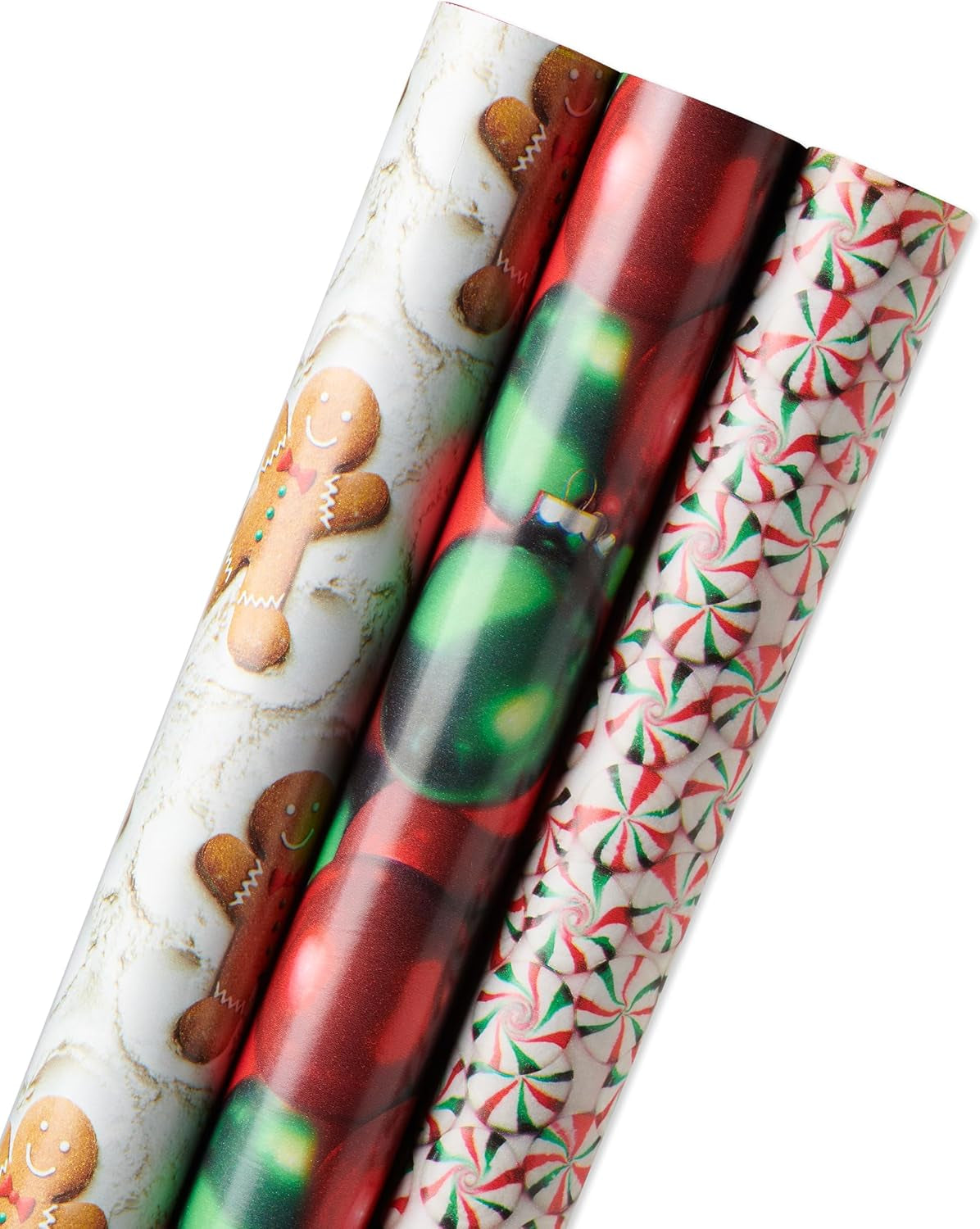 120 Sq. Ft. Vintage Christmas Wrapping Paper Bundle, Gingerbread, Ornaments, Peppermints (3 Extra Wide Rolls 40 In. X 12 Ft.)