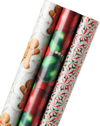 120 Sq. Ft. Vintage Christmas Wrapping Paper Bundle, Gingerbread, Ornaments, Peppermints (3 Extra Wide Rolls 40 In. X 12 Ft.)