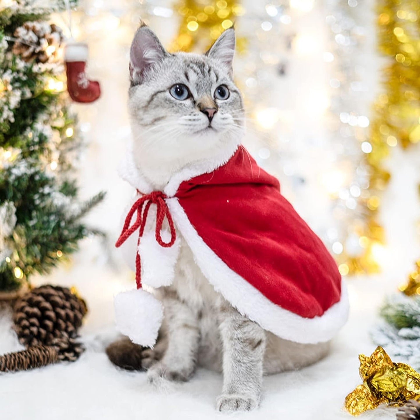 Cat Dog Christmas Costumes, Santa Cloak Cape with Hat Pet Cosplay Costumes Party Dressing up Outfits Clothes Apparel for Small Dogs Puppy Kitten, L