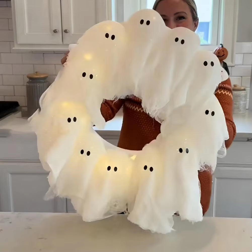 2025 New Glowing Halloween Decoration Led Spooky Lights Light-Up Ghost Wreath Outdoor Wall Decor Spooky Front Door Hanging Decor