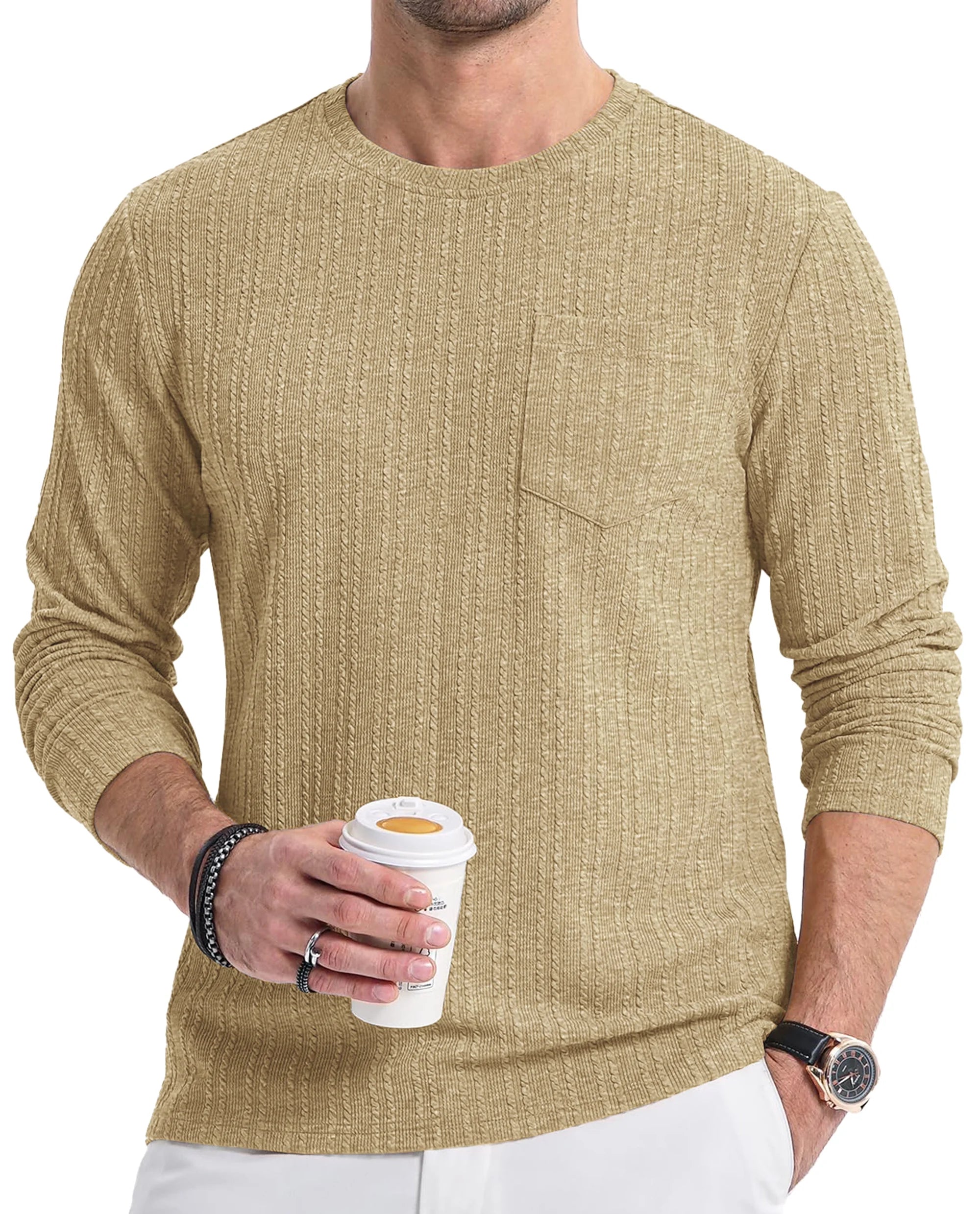 Mens Long Sleeve Shirts Crewneck Casual Tops Pullover Work Shirts Stretch Textured Knit T-Shirts with Pocket