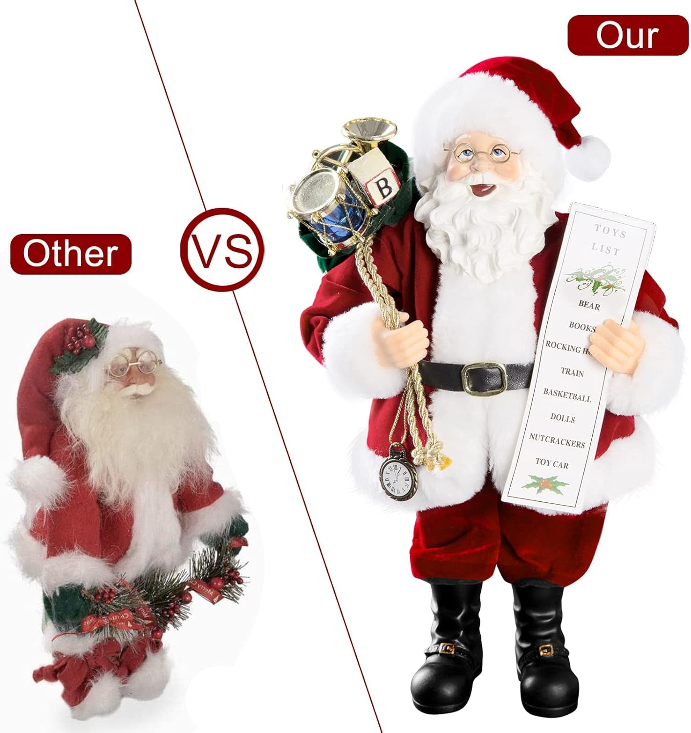 11" Santa Claus Decorations with Glasses Blessing Letter and Gifts Bag, Christmas Standing Figurine Ornaments for New Year Christmas Decoration Navidad Natal Gifts.