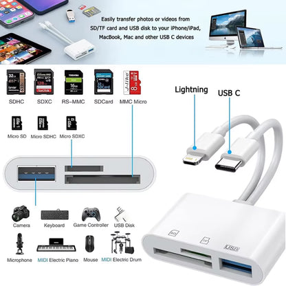 SD Card Reader 5-In-1 Lightning /Type C to USB 3.0/SD/TF Card Adapter Memory Card Reader for Iphone Ipad Macbook Samsung Andro