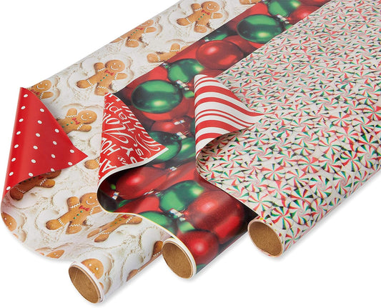 120 Sq. Ft. Vintage Christmas Wrapping Paper Bundle, Gingerbread, Ornaments, Peppermints (3 Extra Wide Rolls 40 In. X 12 Ft.)