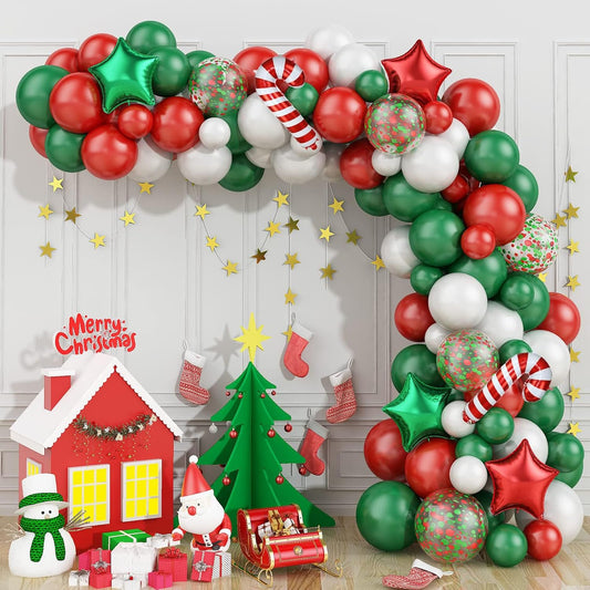 Christmas Balloon Garland Kit, 89PCS Red Green White Christmas Garland Balloon Arch Kit with Red Green Star Candy Cane Foil Balloon for New Year Christmas Party Decorations Holiday Party Supplies