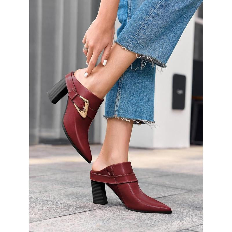 Fashare Womens Mules Boots Chunky Stacked Heel Pointed Toe Booties Slip on Dress Boot Shoes with Buckle Decoration