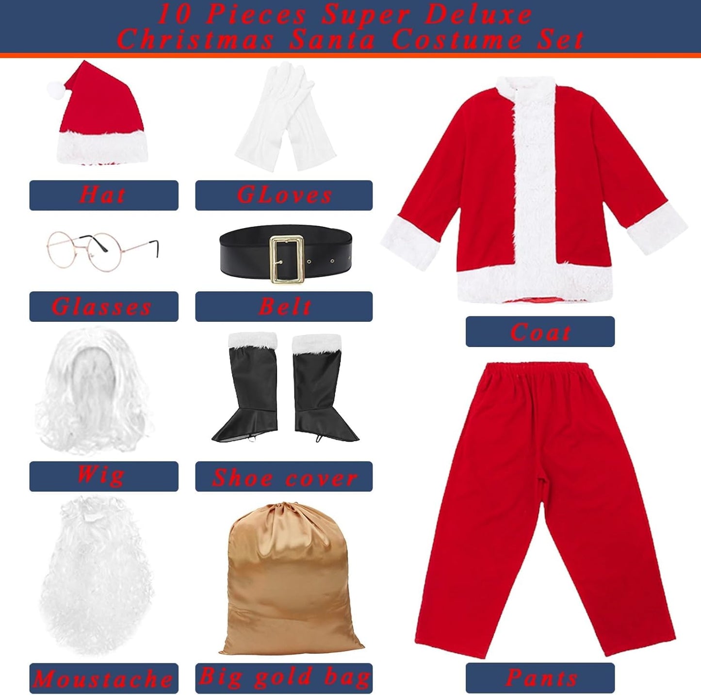 Men'S Deluxe Santa Costume 10Pcs Christmas Santa Claus Costume Adults Santa Suit Outfit Set for Party