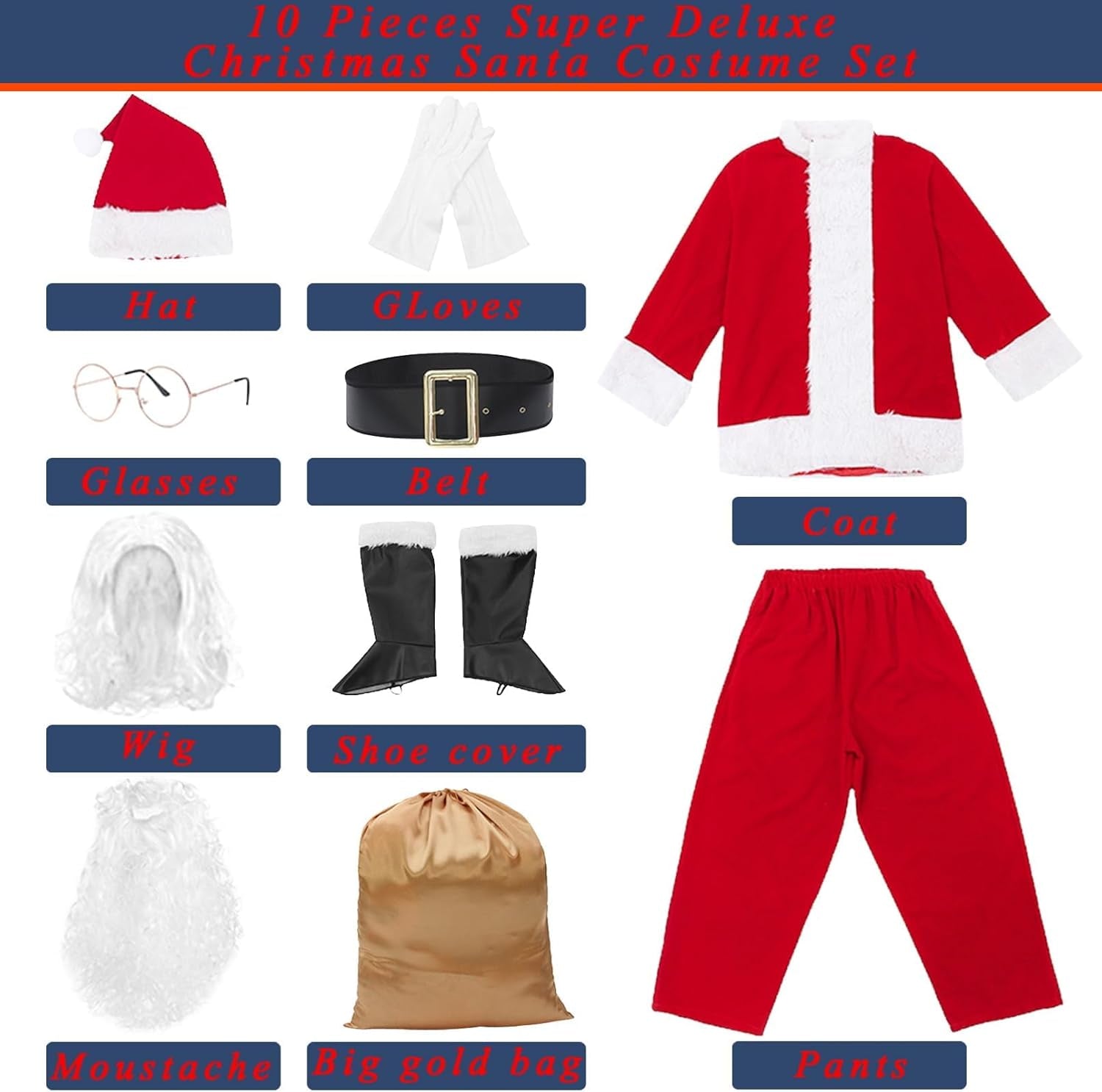 Men'S Deluxe Santa Costume 10Pcs Christmas Santa Claus Costume Adults Santa Suit Outfit Set for Party