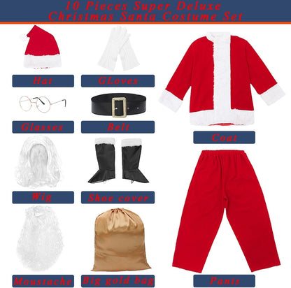 Men'S Deluxe Santa Costume 10Pcs Christmas Santa Claus Costume Adults Santa Suit Outfit Set for Party