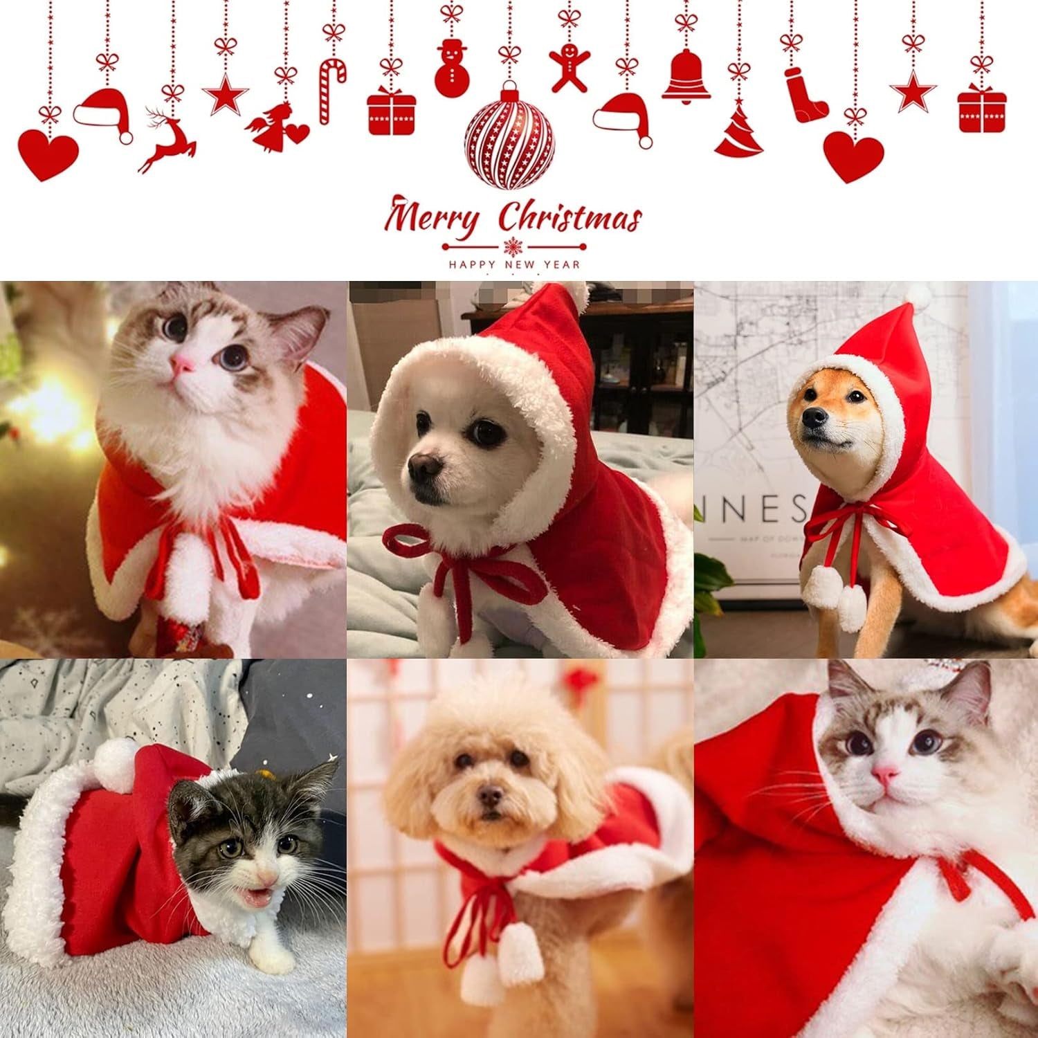 Cat Dog Christmas Costumes, Santa Cloak Cape with Hat Pet Cosplay Costumes Party Dressing up Outfits Clothes Apparel for Small Dogs Puppy Kitten, L