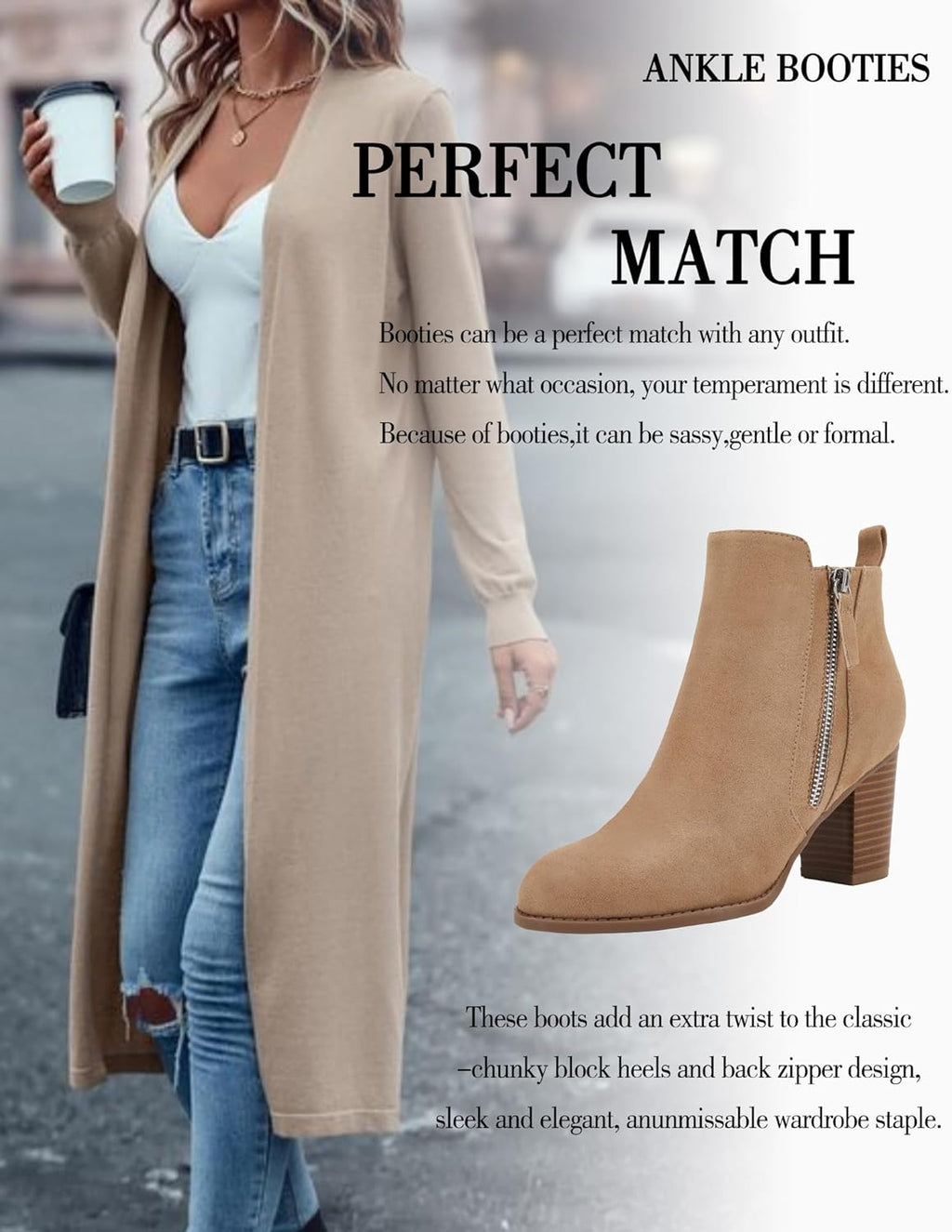 Ankle Boots for Women Chunky Block Heel Side Zipper Pointd Toe Suede Fall Winter Bootie Shoes