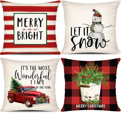Christmas Throw Pillow Covers 20X20 Set of 4 Farmhouse Christmas Home Decor Buffalo Plaid Truck Snowman Christmas Pillows Rustic Winter Holiday Xmas Throw Pillows for Couch