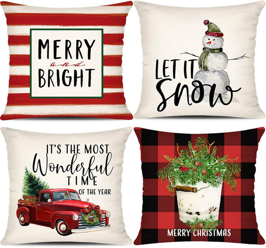 Christmas Throw Pillow Covers 20X20 Set of 4 Farmhouse Christmas Home Decor Buffalo Plaid Truck Snowman Christmas Pillows Rustic Winter Holiday Xmas Throw Pillows for Couch