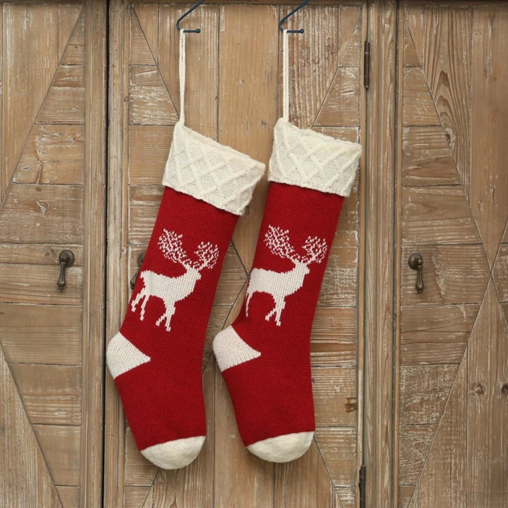 4 Pack Christmas Stockings,Big Size 18 Inch Extra Long Hand Knitted Reindeer Snowflakes Xmas Character for Family Holiday Season Decor Burgundy Red and Green