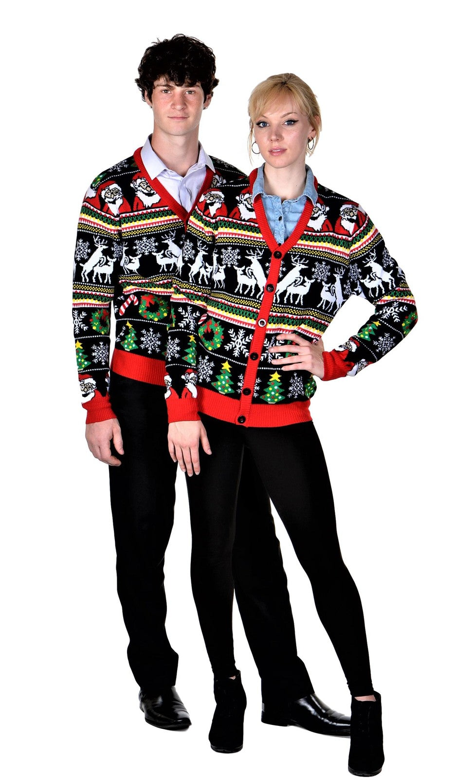 Socal Look Men'S Ugly Christmas Sweaters Cardigan Deer Santa Black