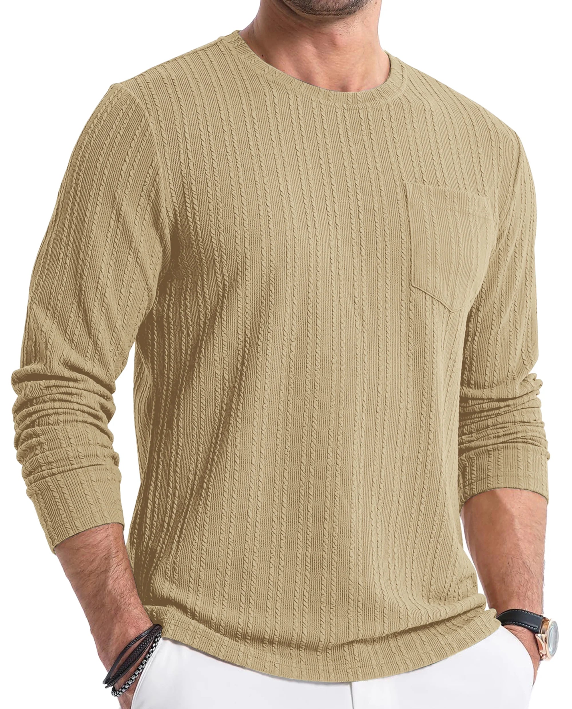 Mens Long Sleeve Shirts Crewneck Casual Tops Pullover Work Shirts Stretch Textured Knit T-Shirts with Pocket