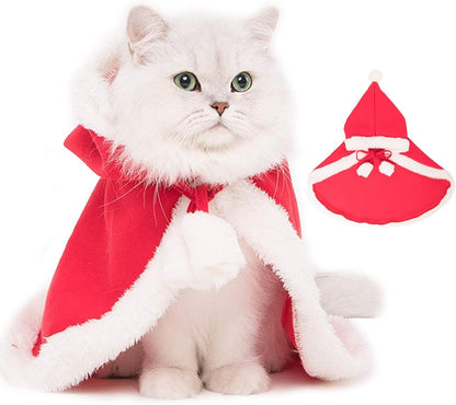 Cat Dog Christmas Costumes, Santa Cloak Cape with Hat Pet Cosplay Costumes Party Dressing up Outfits Clothes Apparel for Small Dogs Puppy Kitten, L