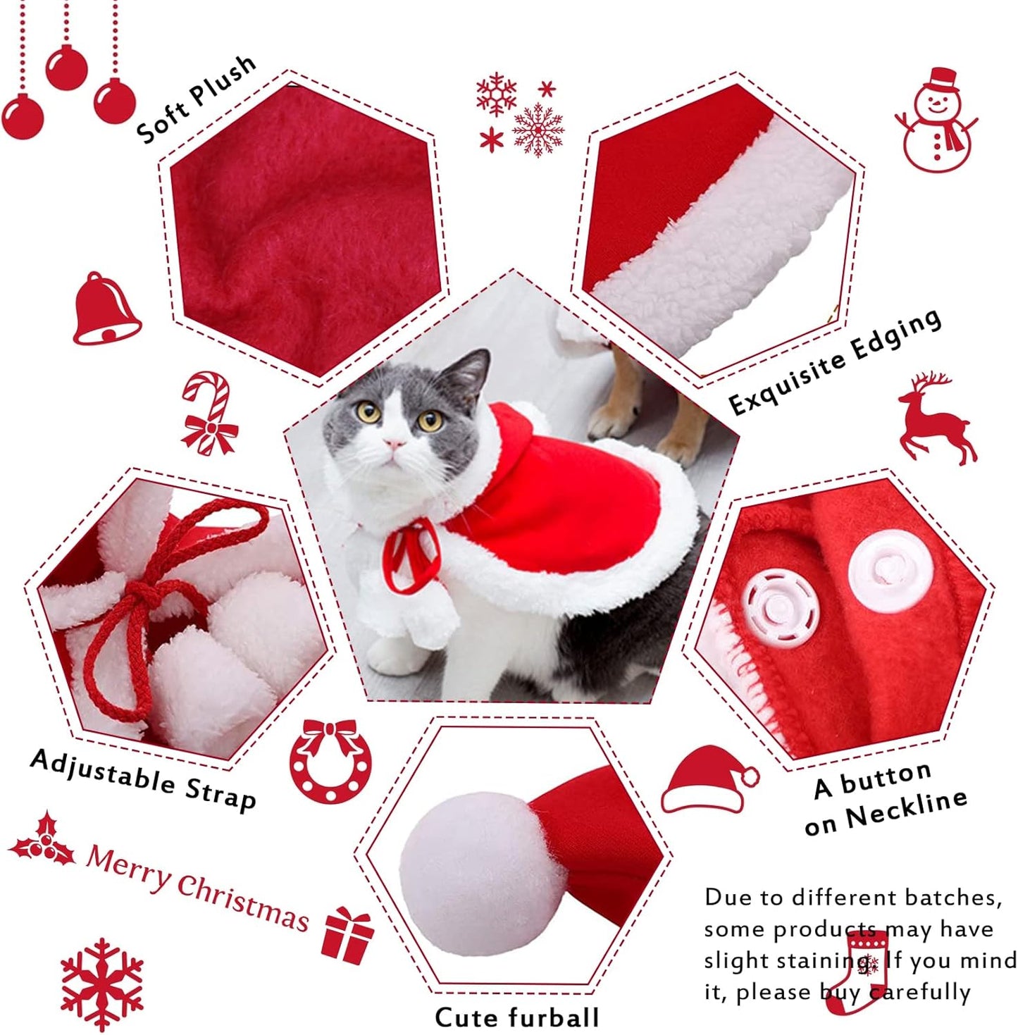 Cat Dog Christmas Costumes, Santa Cloak Cape with Hat Pet Cosplay Costumes Party Dressing up Outfits Clothes Apparel for Small Dogs Puppy Kitten, L