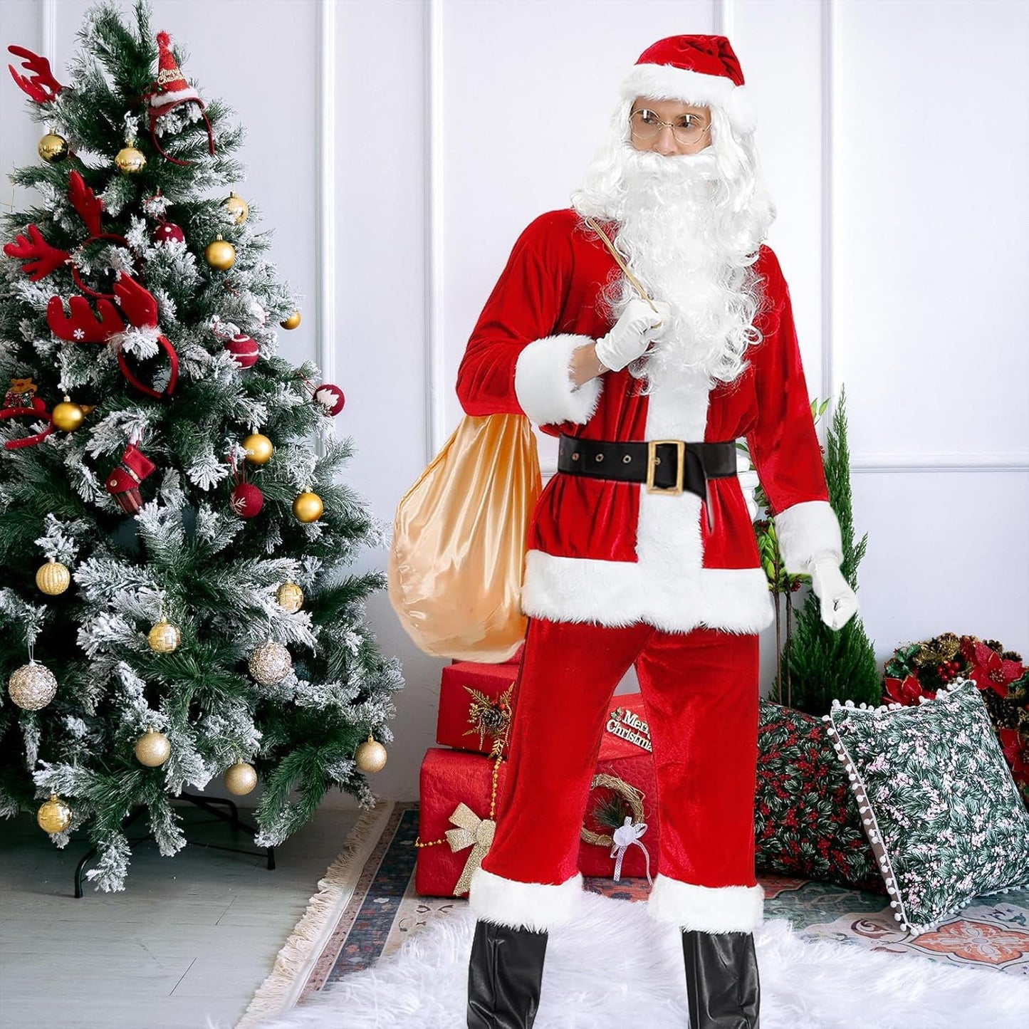 Men'S Deluxe Santa Costume 10Pcs Christmas Santa Claus Costume Adults Santa Suit Outfit Set for Party
