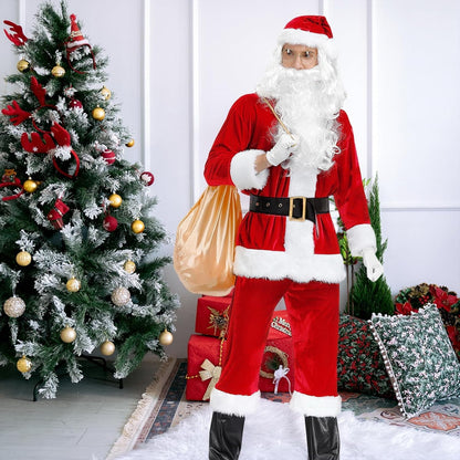 Men'S Deluxe Santa Costume 10Pcs Christmas Santa Claus Costume Adults Santa Suit Outfit Set for Party