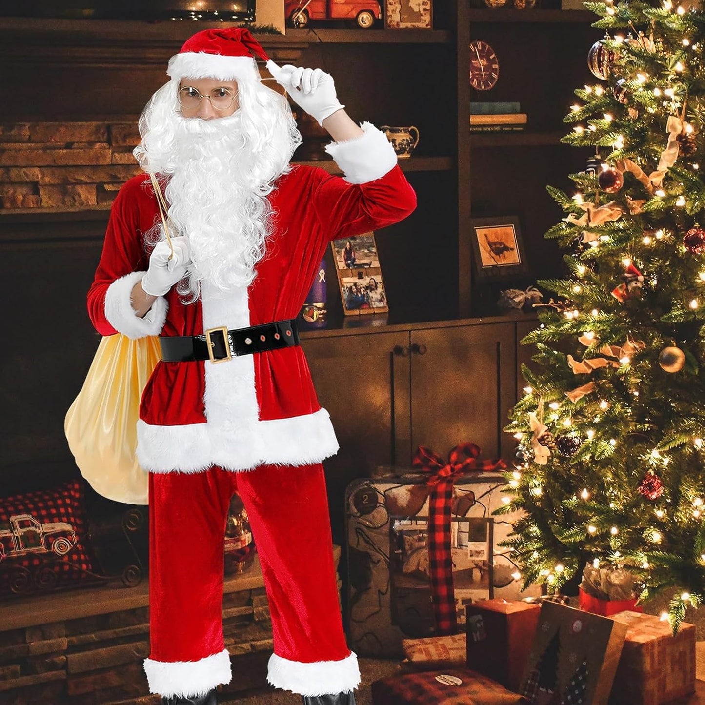Men'S Deluxe Santa Costume 10Pcs Christmas Santa Claus Costume Adults Santa Suit Outfit Set for Party
