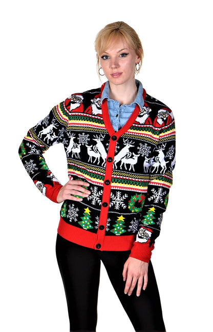 Socal Look Men'S Ugly Christmas Sweaters Cardigan Deer Santa Black