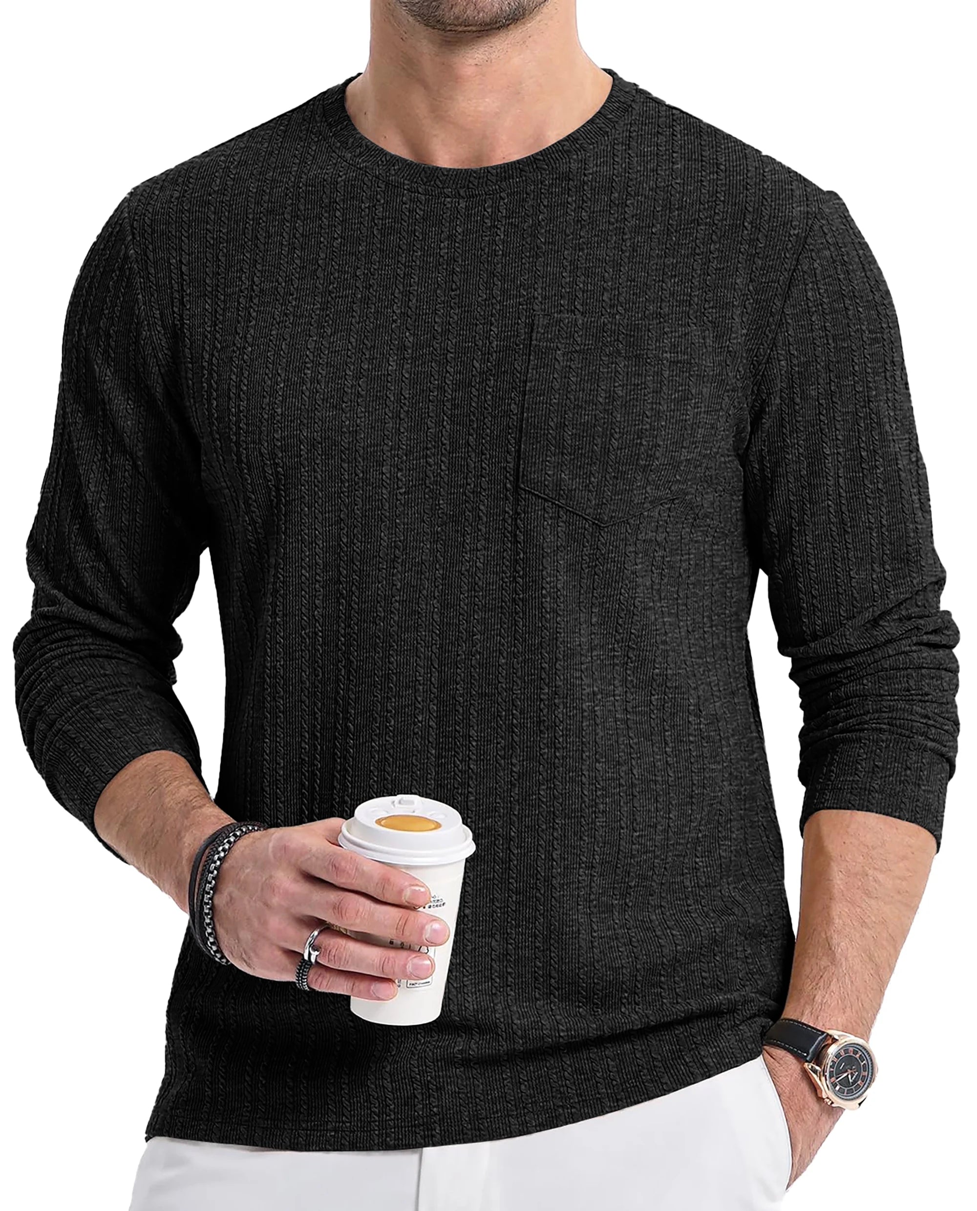 Mens Long Sleeve Shirts Crewneck Casual Tops Pullover Work Shirts Stretch Textured Knit T-Shirts with Pocket