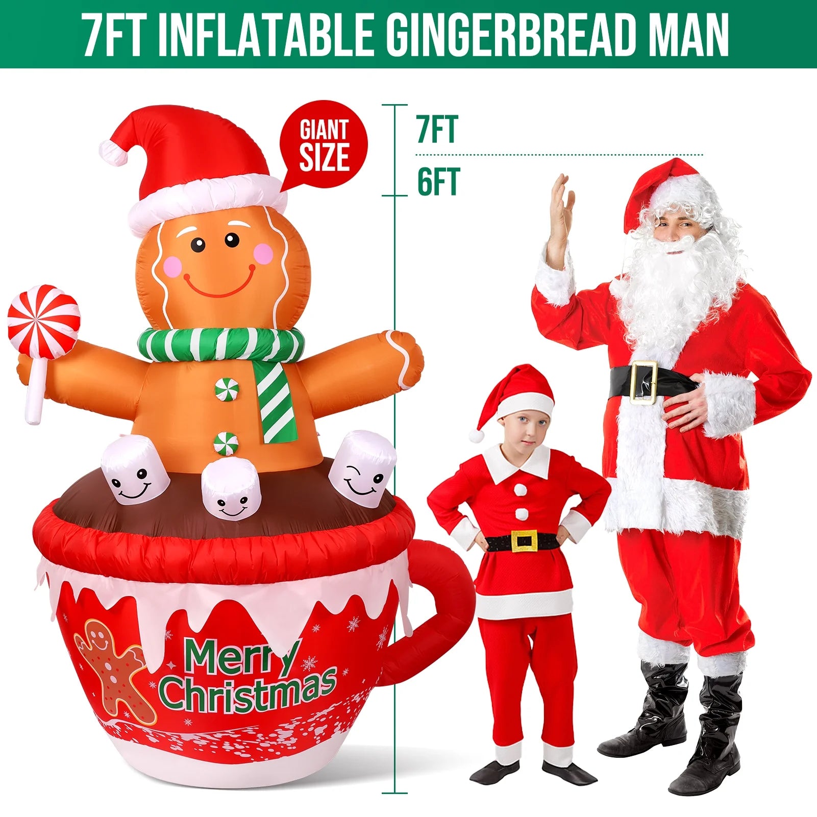 7FT Inflatables Christmas Outdoor Decoration Cup Gingerbread Man with LED, Outdoor Christmas Decoration