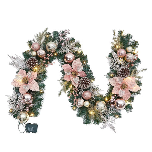 Christmas Garland with Lights, 6Ft Pre Lit Outdoor Xmas Garland with Timer 20 LED Lights Pinecones Rose Gold Ball Ornaments