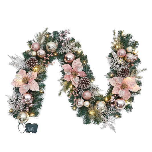 Christmas Garland with Lights, 6Ft Pre Lit Outdoor Xmas Garland with Timer 20 LED Lights Pinecones Rose Gold Ball Ornaments