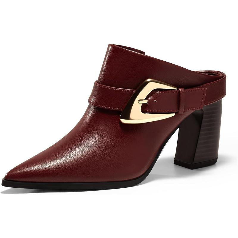 Fashare Womens Mules Boots Chunky Stacked Heel Pointed Toe Booties Slip on Dress Boot Shoes with Buckle Decoration