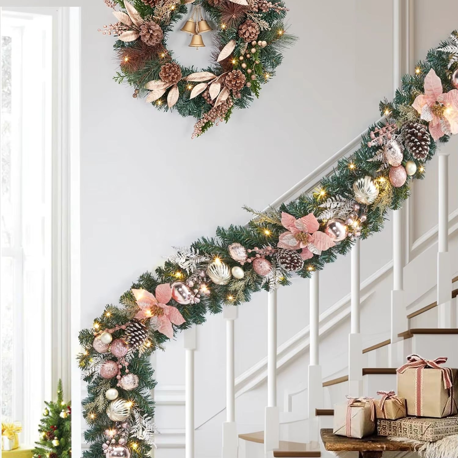 Christmas Garland with Lights, 6Ft Pre Lit Outdoor Xmas Garland with Timer 20 LED Lights Pinecones Rose Gold Ball Ornaments